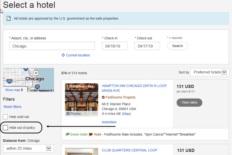 E2 Online Booking Tool — Select a Hotel page